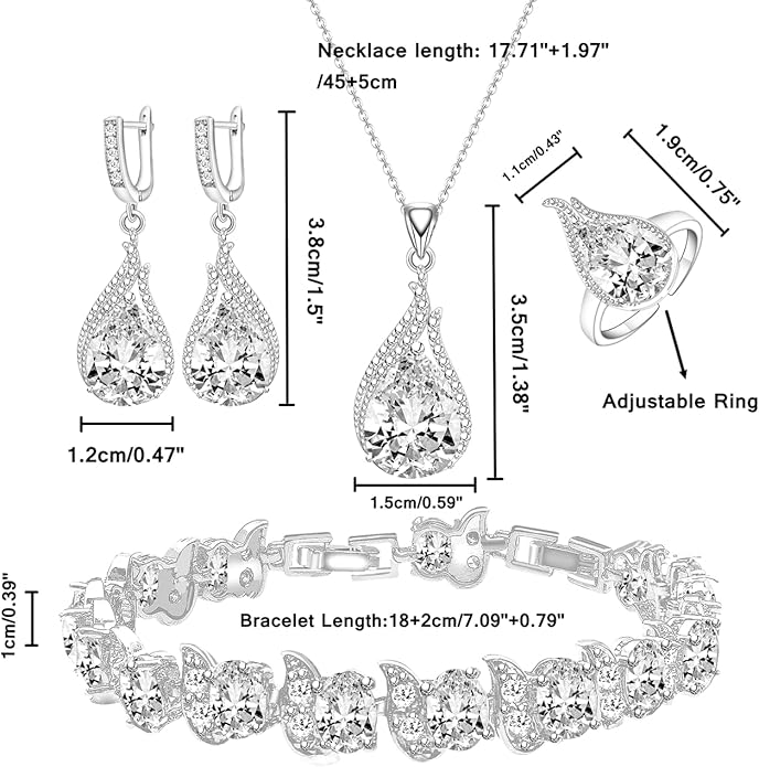 LMXXVJ Jewelry Set for Women,Teardrop Cubic Zirconia Necklace Earrings Adjustable Ring Bracelet Jewelry Set Formal Jewelry Gift