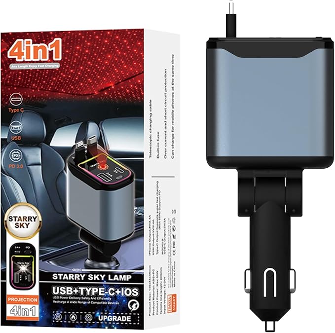 Starlight Retractable Car Charger,66W Fast Car Chargers Adapter 4 in 1 with 2 USB Car Chargers for Phone iPhone 16/15/14/13/12/11 and for Android