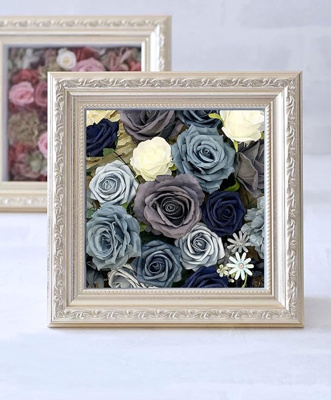 Roses Artificial Flowers Dusty Blue Silk Bulk for DIY Wedding Bouquets Bridal Baby Shower Decorations Fake Floral Arrangements for Party Table Centerpieces Home Decor Indoor Navy Royal Box Set