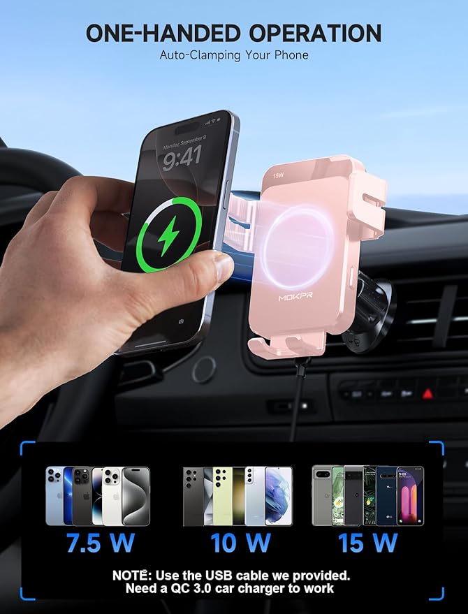 MOKPR Wireless Car Charger, 15W Auto Clamping Car Charger Dash Windshield Air Vent Phone Holder Compatible with iPhone 16 15 14/13/13 Pro/12 pro/12/11/X/8, Samsung S24/S23/S22, Pink