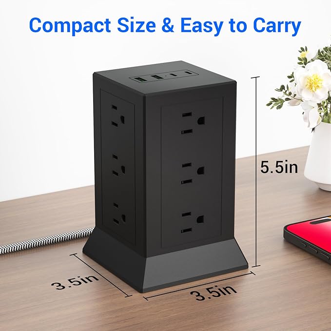 Power Strip Tower with Multiple Outlets, 10 Ft Extension Cord Flat Plug with 12 AC Outlets 4 USB Ports (2 USB C), Power Tower Surge Protector with Individual Switches for Home Office Dorm Room, Black