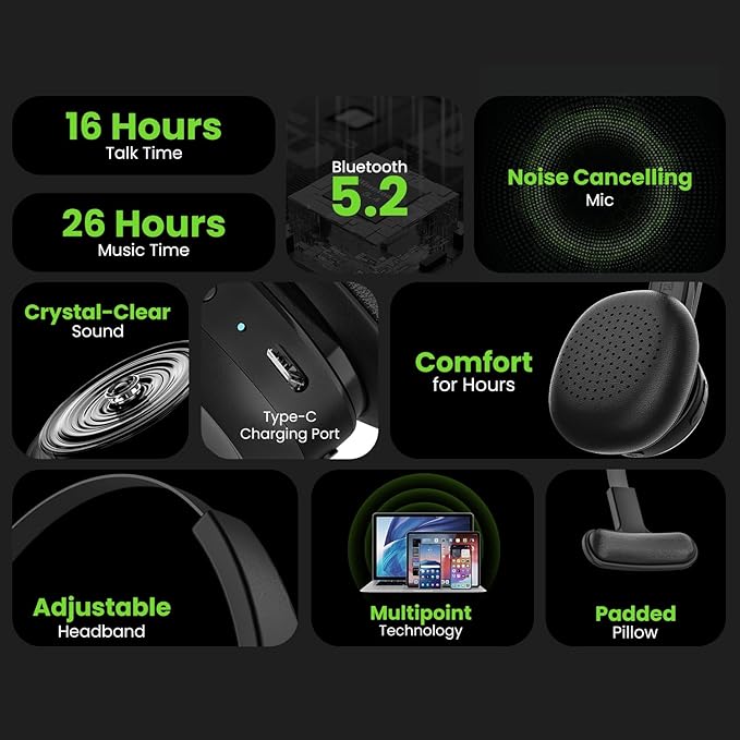 GEARit Wireless Bluetooth Headset with Mic - Multipoint Dual Connect, Noise Cancelling Trucker Headset for Phone Calls - All-Day Talk Time - Headphone with Microphone & Mute Button for Office Work