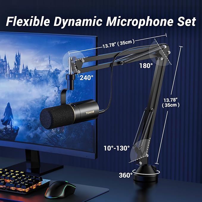 TONOR Dynamic Microphone, XLR/USB Microphone for Podcast, Recording, Streaming, Gaming, XLR Cardioid Studio Mic with Quick Mute, 3.5mm Headphone Jack, Volume Control, Mic with Boom Arm, White, TD510+