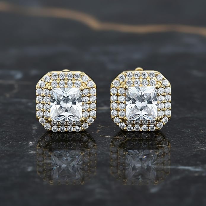 Bridal Art Deco Estate Jewelry Style Fashion Simulated Emerald Green Cubic Zirconia Pave Baguette Halo AAA CZ Square Large Oval Stud Clip On Earrings For Women Wedding Yellow 14K Gold Silver Plated