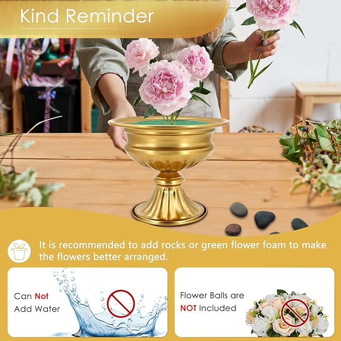 Gold Compote Vases for Centerpieces: Wedding Flower Vase for Tables 6.5 Inch Small Metal Urn Pedestal Bowl for Party Anniversary Event Home Decor Set of 10