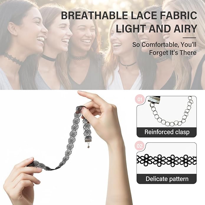 6 Pcs Black Choker Necklaces Black Velvet Choker Set Classic Gothic Tattoo Lace Chokers,Adjustable Lace Choker Necklace For Women