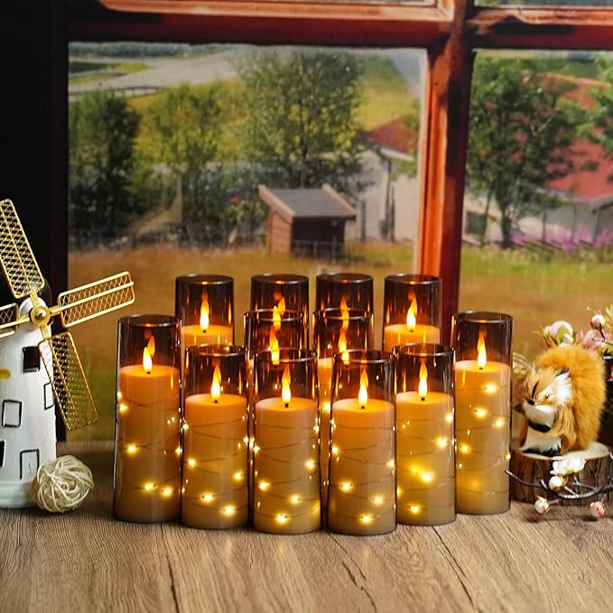 Flameless Candles with Embedded Star String, 12 Pcs Battery Operated LED Pillar Candles with Remote and Timer, Suitable for Home Decor, Party, Christmas & Wedding (Grey)