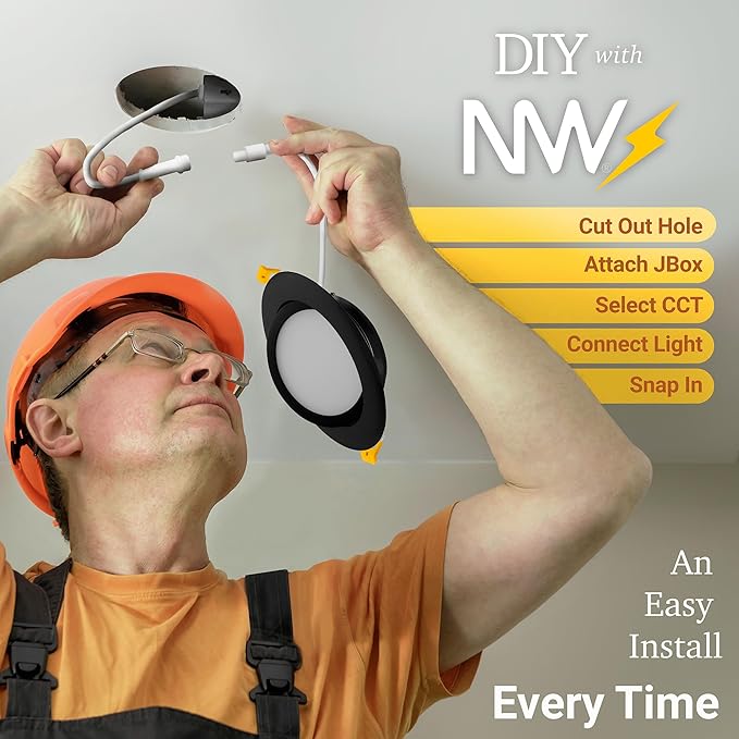 NUWATT 6 Inch Black Gimbal LED Recessed Lighting Canless Wafer Lights, 5CCT 2700K/3000K/3500K/4000K/5000K, Dimmable, 1050LM, 12W, Downlight Adjustable Recessed Swivel LED Sloped Ceiling Light, 6 Pack