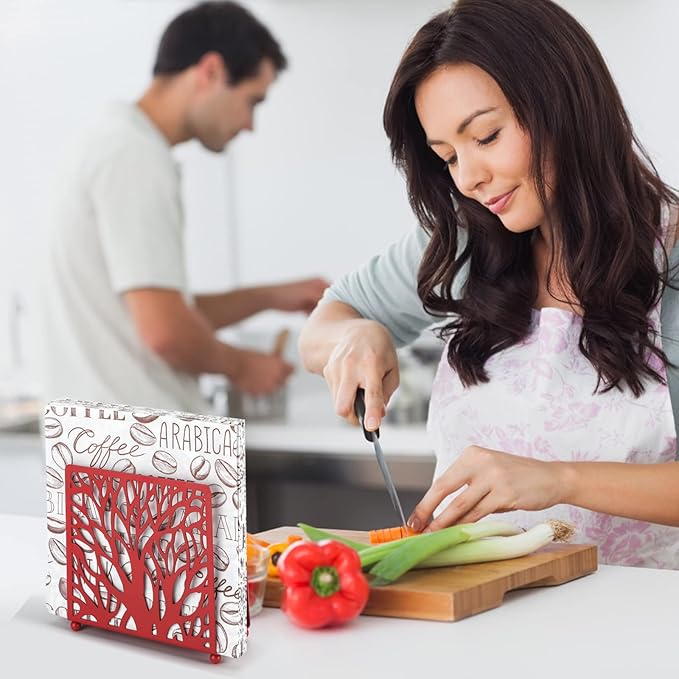 Farmhouse Red Napkin Holder for Tabletop Decor and Kitchen, Metal Table Napkin Holder Stand for Home Restaurant Picnic Party
