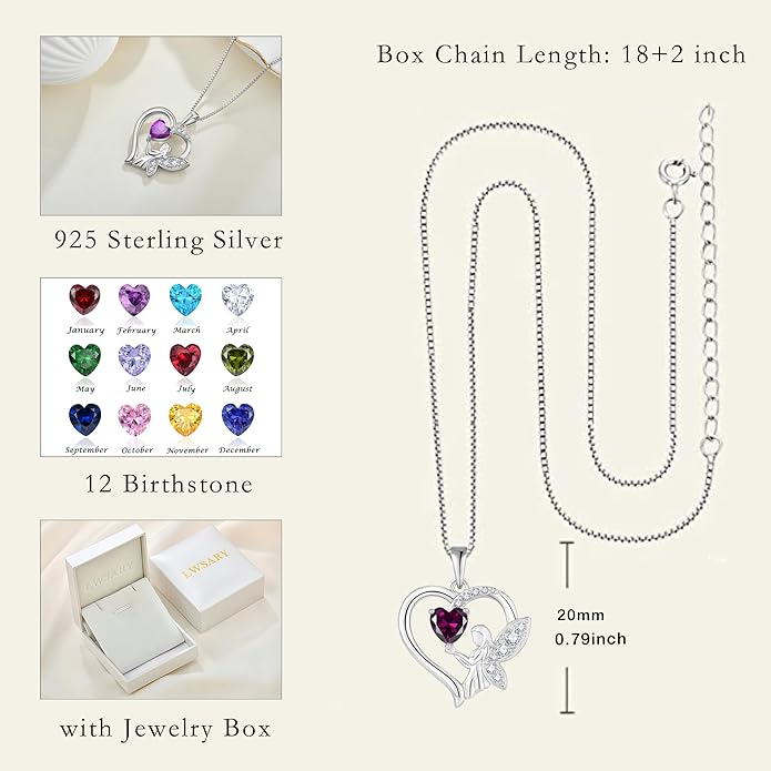 Guardian Angel Necklace 925 Sterling Silver Heart Angel Wings Pendant Birthstone Jewelry for Women
