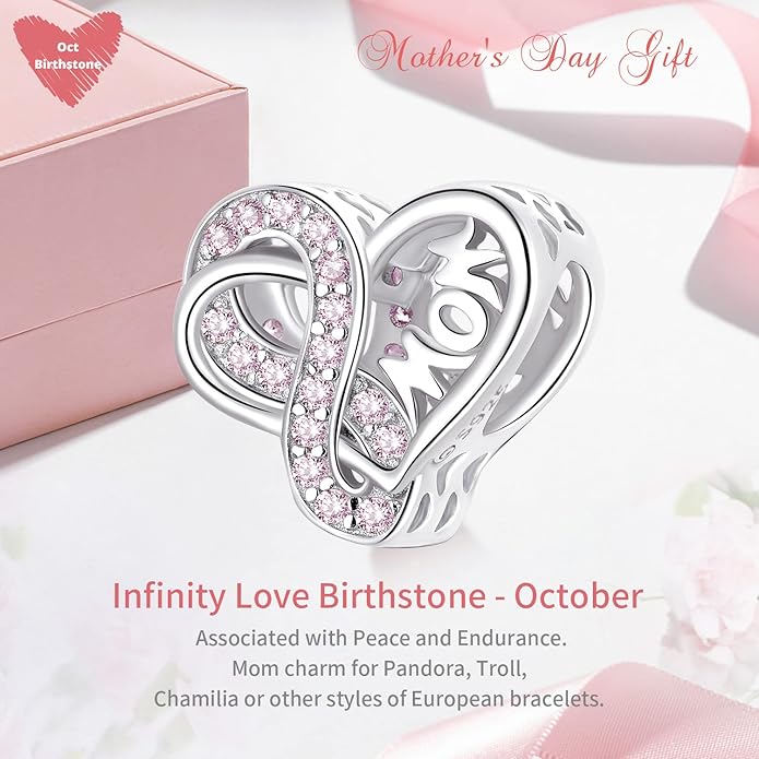 VOROCO 925 Sterling Silver mom Charm for Bracelets Necklaces pendant Charms,Infinity Love Heart Charms for Mother Birthday Christmas day Jewelry Gifts