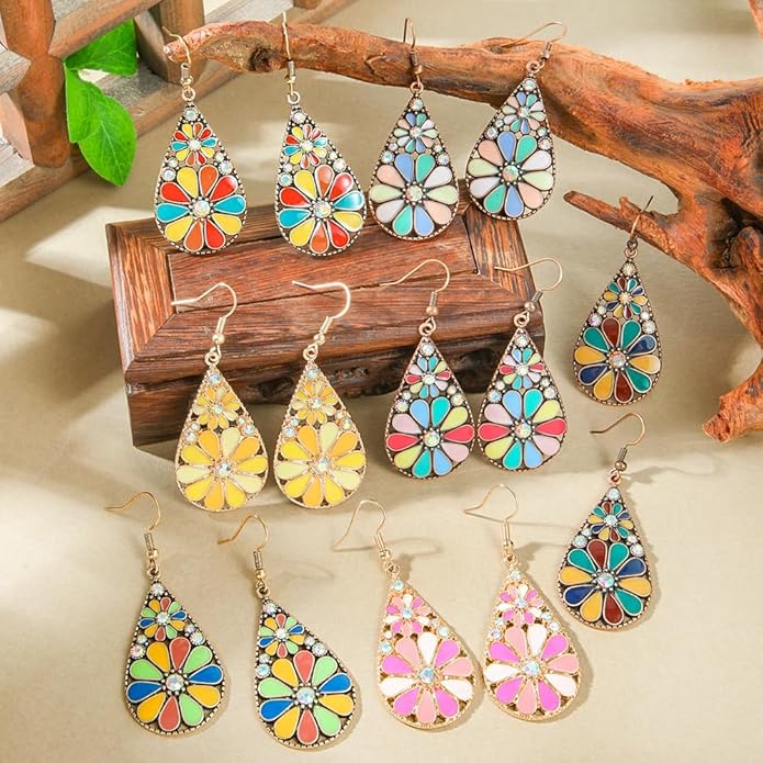 Colorful Green Teardrop Earrings for Women - Bohemian Style Enamel Dangle Earrings Lightweight Fashion Jewelry for Daily/Wedding/Party