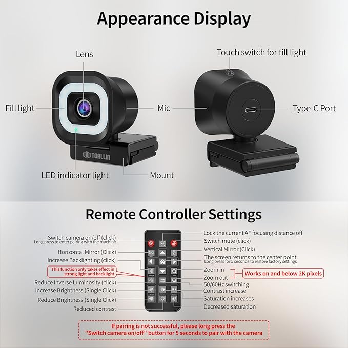 TOALLIN 4K Webcam with Ring Light, Remote Control, PDAF Auto-Focus, 1/2.5" Sensor & 12MP, Built-in Dual Mics, 5X Digital Zoom and Image Mirroring, Web Camera for Live-Streaming/Meeting/Video Calls