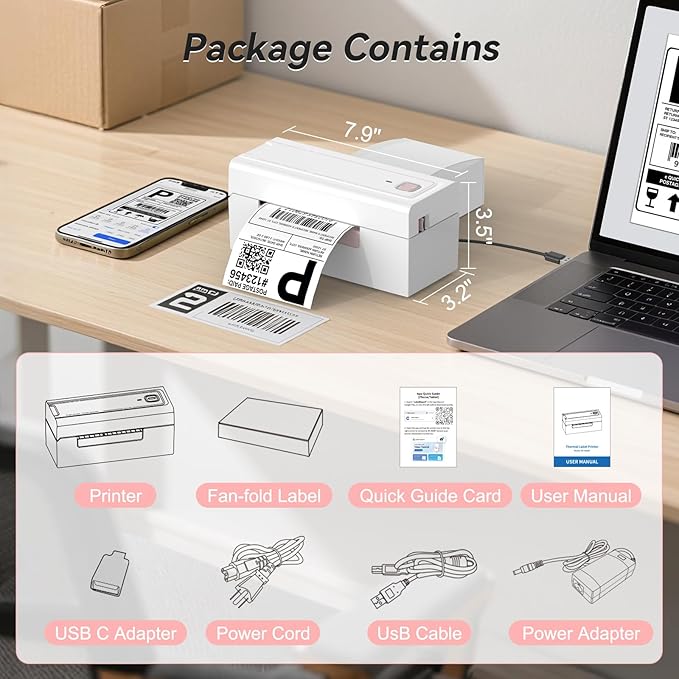 Bluetooth Thermal Shipping Label Printer, Wireless 4x6 Shipping Label Printer for Packages, High-Speed Thermal Printer Compatible with Android, iOS & Windows for Amazon, Ebay, Shopify, USPS