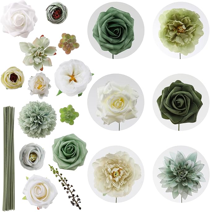 Floweroyal Artificial Flowers Combo Green Flowers Mix Silk Flowers Dahlia Roses with Stems for DIY Wedding Bridal Bouquets, Baby Shower, Floral Arrangement, Table Centerpieces, Home Decorations.