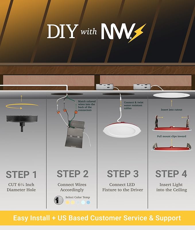 NUWATT 2 Hour Fire Rated Recessed Lighting 6 Inch Wafer LED Lights, 2700K/3000K/3500K/4000K/5000K Selectable, Dimmable 1200LM, 15W, Wet & IC Rated, 90 CRI Canless Light, No Tenmat Needed, ETL, 6 Pack