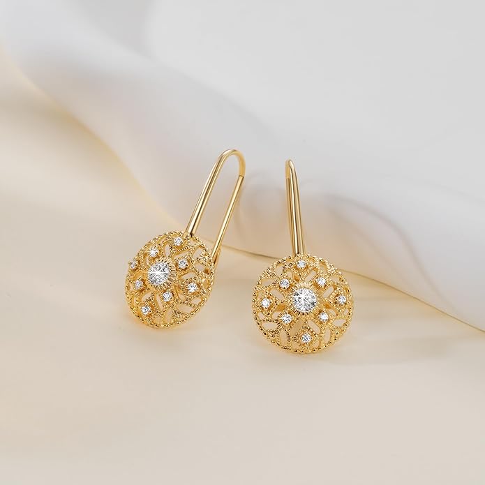 Eloqueen 14K Gold Drop Earrings Dangle Earrings for Women Leverback Dangle with Cubic Zirconia with Engraved Details 14K Gold Earring for Women 14/16mm