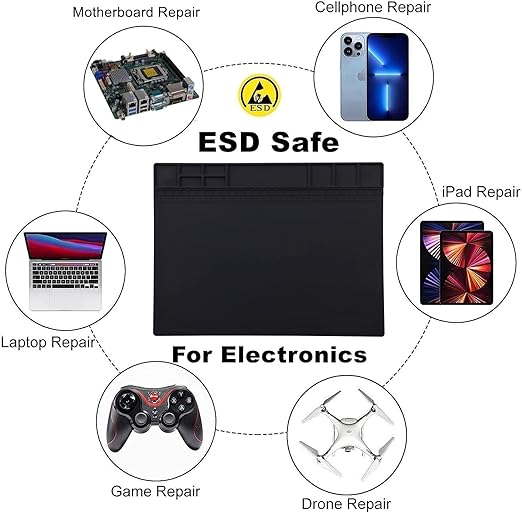 Premium Heat Resistant 932°F Anti Static Mat, HPFIX ESD Mat with Grounding Wire, Grounding Plug, and ESD Wristband, Silicone Soldering Repair Mat for Computer, PC Building, Eelectronics