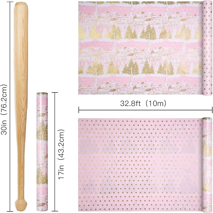 RUSPEPA Reversible Christmas Wrapping Paper Roll, Mini Roll, Pink Gold Winter Landscape with Snowflake Pattern, Gold Polka Dot Design Gift Wrap for Girls, Friends, Holiday Gifts, 17 Inches x 32.8 Feet