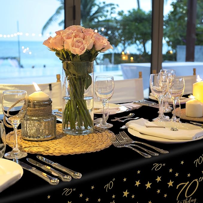 Gatherfun 70th Birthday Disposable Tablecloth 4 Pack Gold and Black Waterproof Plastic Table Cover for Men Woman 70 Birthday Party Decorations