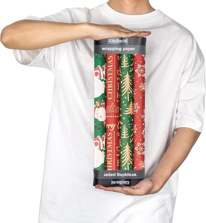 RUSPEPA Kraft Wrapping Paper Rolls - 17 inches x 10 feet per Roll, Total of 4 Rolls, Santa Claus, Snowflake and Christmas Tree Design