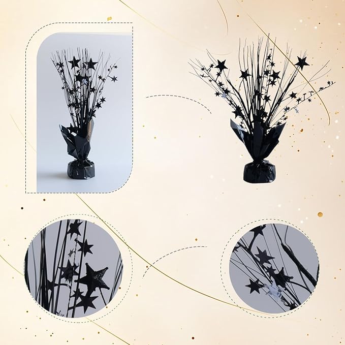 12 Pack Metallic Black Color Foil Star Brust Table Centerpices for Halloween, Holiday Party Decor Metallic Star Spray Balloon Weights for Halloween Party, Table Decor for Party