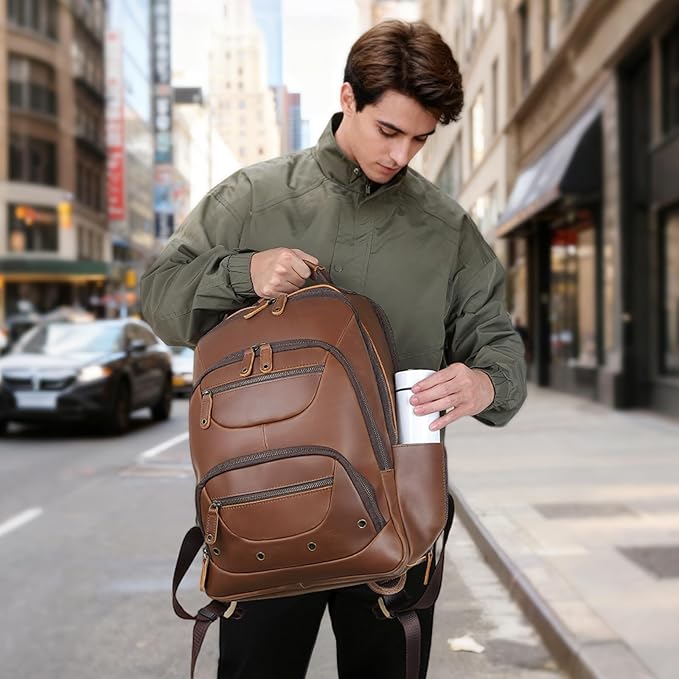 TIDING Brown Leather Travel Backpack for Men, Vintage 16 Inch Laptop Casual Daypack Business Camping Overnight Rucksack