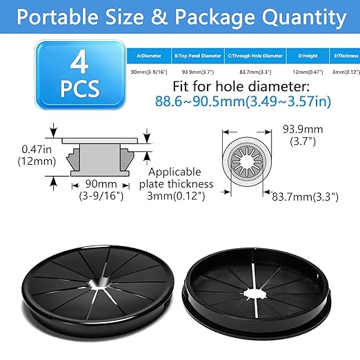 4 Pcs Cable Grommet, Snap Bushing 3-9/16" (90 mm) Mounting Diameter, Flexible Petal-Shaped Buckle Round Nylon Desk Grommet for Wires Through Countertop Cord Organizer and Protection, Black
