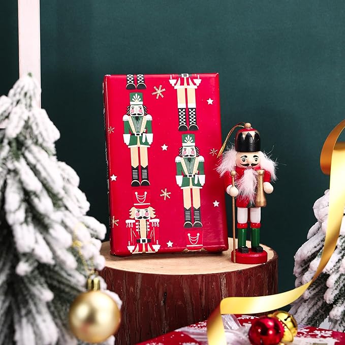 WRAPAHOLIC Reversible Nutcracker Christmas Wrapping Paper - Mini Roll - 17 Inch x 33 Feet - Red Nutcracker and Snowflake Wrapping Paper for Christmas, Holiday, Party