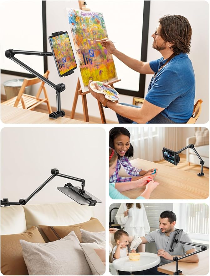 OMOTON Tablet Stand Mount for Desk, Adjustable Phone Holder for Bed with Metal Arm Fits for 4.7-11 Inches iPad Pro, Air/Mini, Kindle and Phones