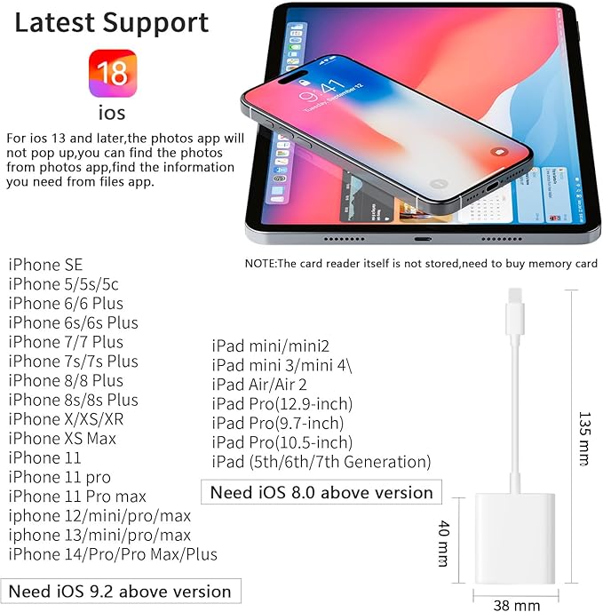 SD Card Reader for iPhone iPad Camera,Dual Card Slot Memory Card Reader Supports SD and TF Card Trail Camera Viewer Sd Card Adapter Portable Micro Sd Card Reader No Application Required Plug and Play