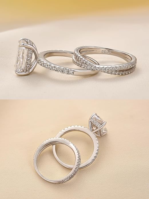 3.5CT Radiant Cut Engagement Ring Set for Women, S925 Silver X-Shaped Band 2-Piece Cubic Zirconia Bridal Wedding Ring Set