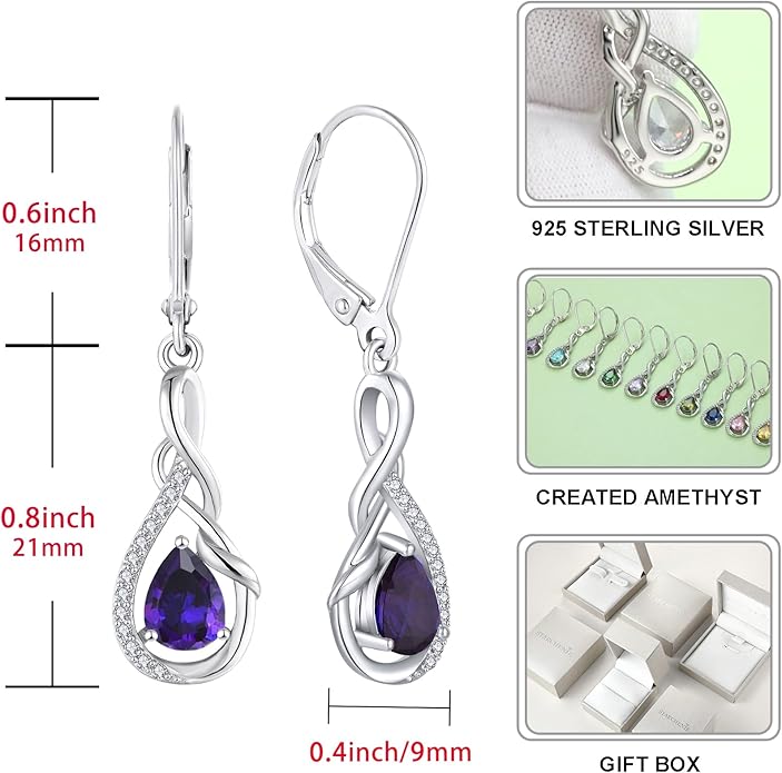 STARCHENIE 925 Sterling Silver Necklace Dangle Earrings for Women Infinity Twisted Teardrop Pendant February Birthstone Created Amethyst Jewelry Set