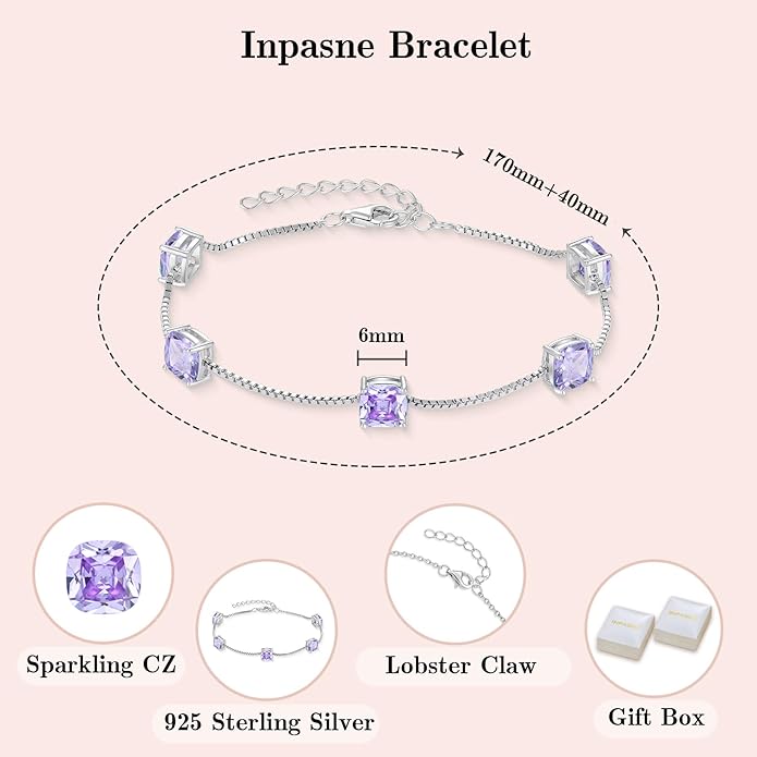 Princess Cut Jewelry Set 925 Sterling Silver Alexandrite Earrings Dangle Drop Leverback June Birthstone Necklace and Bracelet Jewelry Gifts for Women