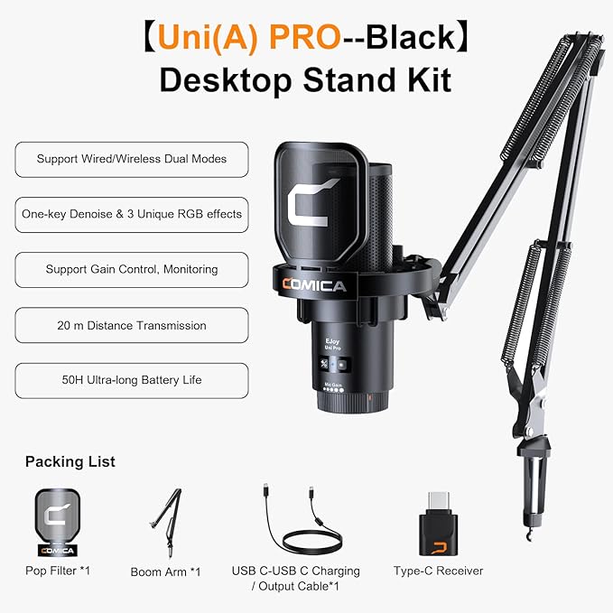 COMICA Ejoy Uni PRO(A) USB Wireless Microphone with Noise Cancellation, RGB Lights, Monitoring, Muting, Boom Arm Mic for Computer, PS5, PS4, Streaming, Podcast, Chat, Twitch, Discord