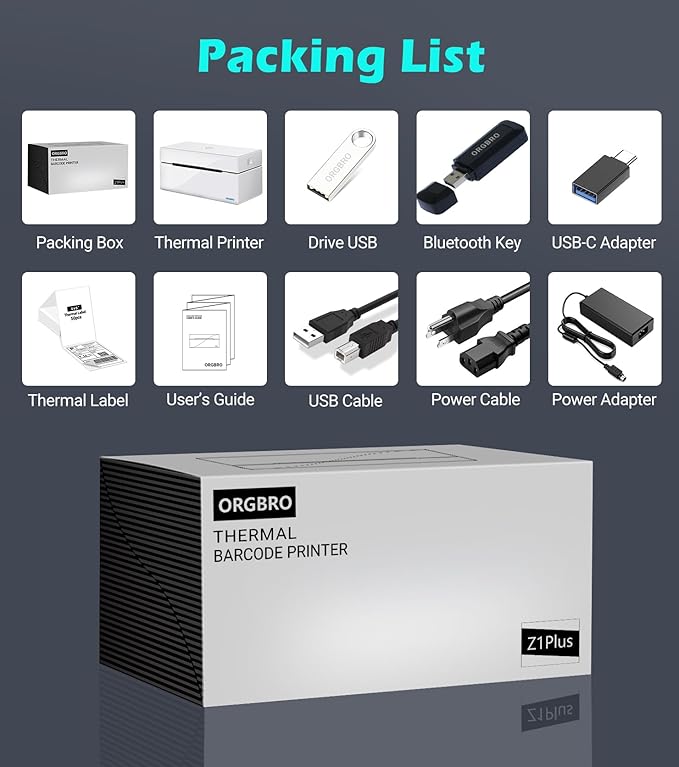 ORGBRO Bluetooth Thermal Shipping Label Printer, Z1-Plus Wireless 4X6 Shipping Label Printer for Small Business Office or Home Support iPhone Android Windows macOS Chrome Amazon Ebay Shopify USPS