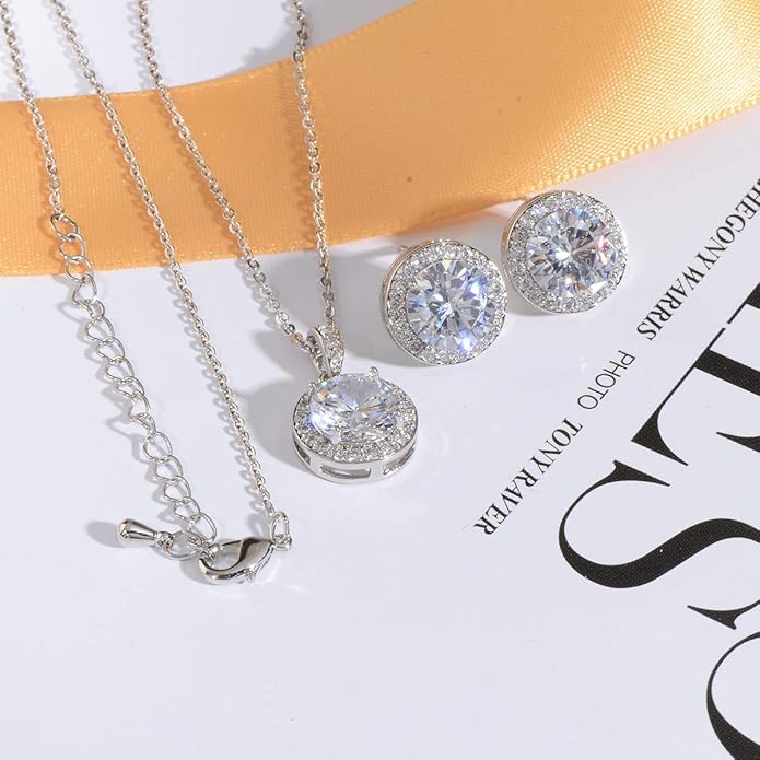 Bridal Crystal Jewelry Set - Sterling Silver Round Cubic Zirconia CZ Rhinestone Halo Birthstone Pendant Necklace Stud Earrings Set for Wedding Bride Bridesmaids Birthday Gift