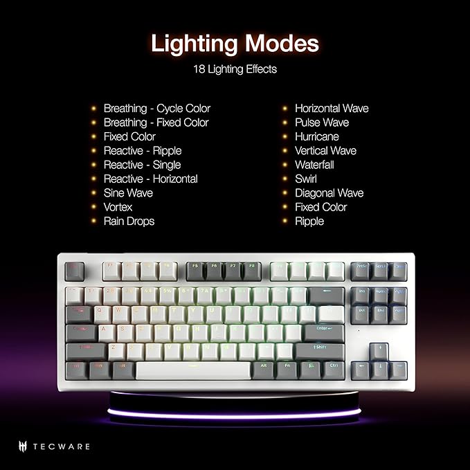 TECWARE Phantom+ Elite 87 Key RGB Mechanical Gaming Keyboard, LED Backlit, Universal Hot-Swap, Wired and Wireless, 3 Mode Connectivity, Thocky Sounding, White Elite Wraith Orange