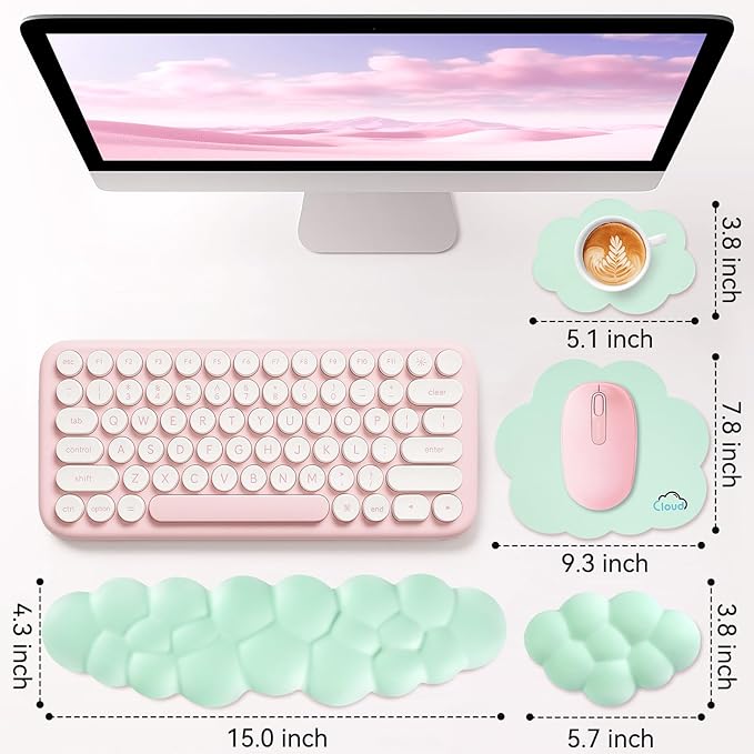 Cloud Wrist Rest for Computer Keyboard, 4-in-1 Memory Foam Leather Cloud Keyboard Wrist Rest and Mouse Pad Set with Ergonomic Support for Arm and Palm Cushion, Gaming/Work Setup, Light Green