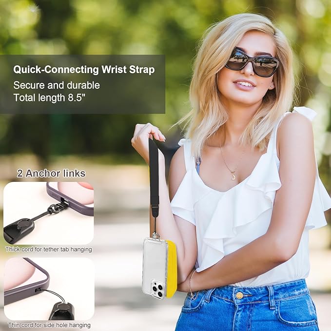 Clip and Go Strap for Phone with Wallet Crossbody, Adjustable Phone Lanyard with Detachable RFID Wristlet Wallet & Ultra-Thin 360° Rotatable Metal Tabs for All Smartphones (Yellow)
