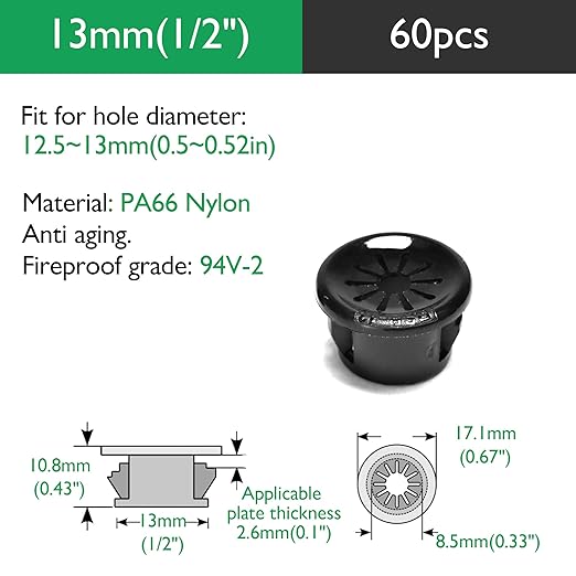 60PCS Cable Grommets, 1/2"(13mm) Desk Hole Cover Petal Shaped Buckle Type Nylon Snap Bushing Grommet, Wire Hole Cover Insert for Cables and Cords Management and Protection of Cabinet, Black