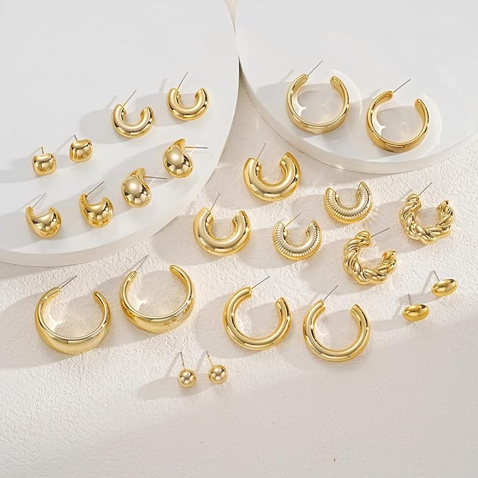 12 Pairs Chunky Gold Hoop Earrings for Women Trendy, Gold Plated Lightweight Hypoallergenic Stack, Thick Open Twisted Huggie Hoops Earring Set