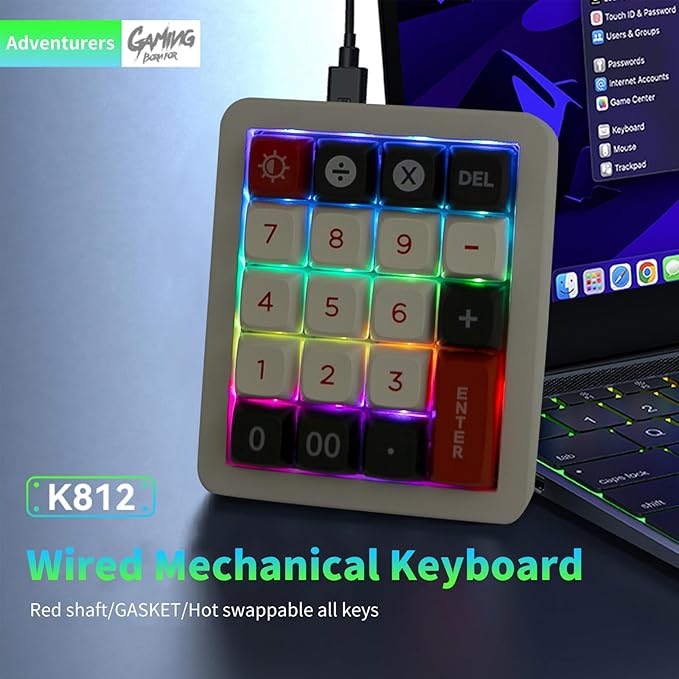Adventurers K812 Wired Mechanical Numeric Keypad, 19-Key Hot-Swappable RGB Numpad, Macro Programmable, Detachable Type-C Cable, Game/Office Mode Switch – for PC/Laptop/Desktop (White)