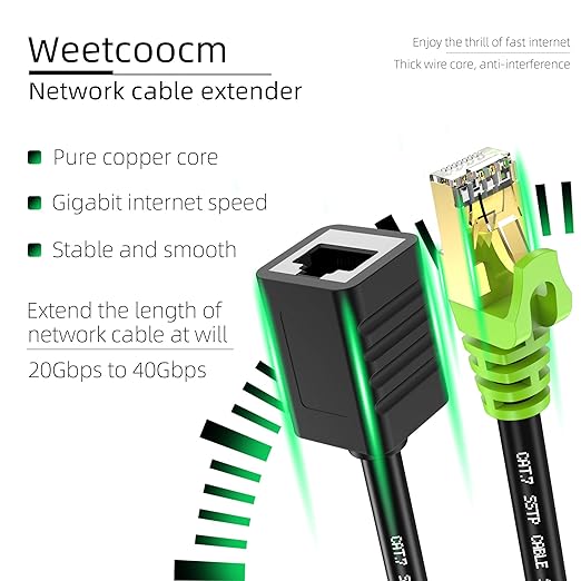 Ethernet Extension Cable 15ft, Network Cat6a Extension Patch Cable RJ45 Cords Shielded Male to Female Connector (15FT)