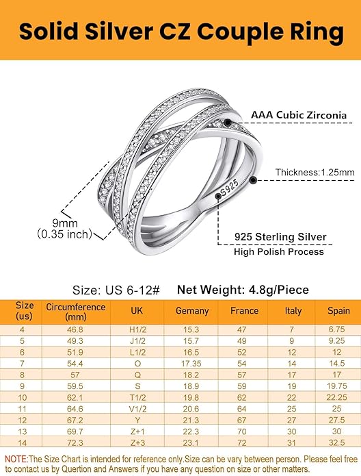 Bestyle 925 Sterling Silver Simulated Diamond CZ Criss Cross Ring for Women, Infinity Love Statement Rings CZ Eternity Engagement Wedding Band Ring for Her