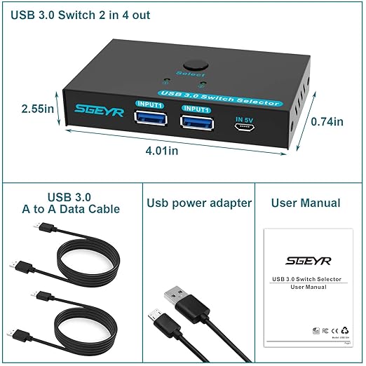 SGEYR USB 3.0 Switch USB Switcher 2 Computers Sharing 4 USB Devices USB Metal KVM Switch for Printer, Keyboard switches, Scanner PCs with One-Button Swapping and 2 Pack USB Cables