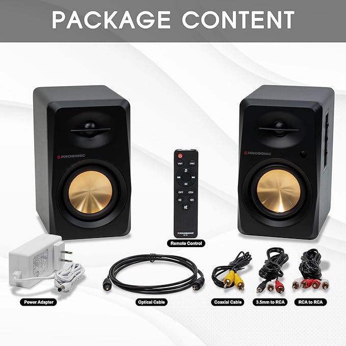 Prosonic BT30(2023 Version) Active Powered Bluetooth Bookshelf Speakers, Studio Monitor, Home Theater, Turntable with Optical Input, Coaxial Input, 2X RCA Aux Line Input, 80 Watts, (Black)