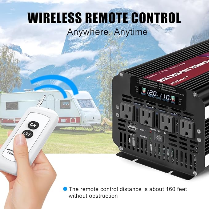 LVYUAN 3000 Watt Power Inverter 12V to 110V 120V for Vehicle, Solar Inverter System, Heavy Duty, RV, Truck, Off Grid,Camping with 4 AC Outlets, LCD Display, Wireless Remote Control, Car Power Inverter