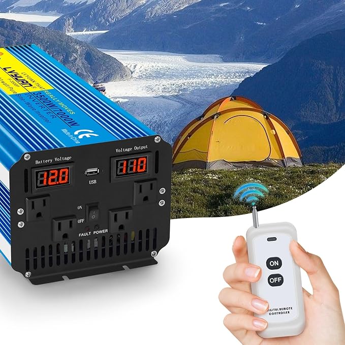 Yinleader 3500 Watt Pure Sine Wave Power Inverter 12V DC to 110V/120V AC Converter for Family RV Camping Boat Emergency/4 AC Outlets and LCD Display, Remote Controller