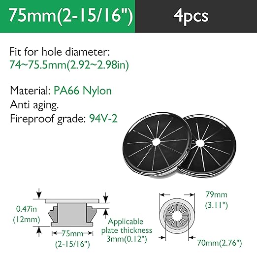 4PCS Cable Grommets, 2-15/16"(75mm) Desk Hole Cover Petal Shaped Buckle Type Nylon Snap Bushing Grommet, Wire Hole Cover Insert for Cables and Cords Management and Protection of Cabinet, Black
